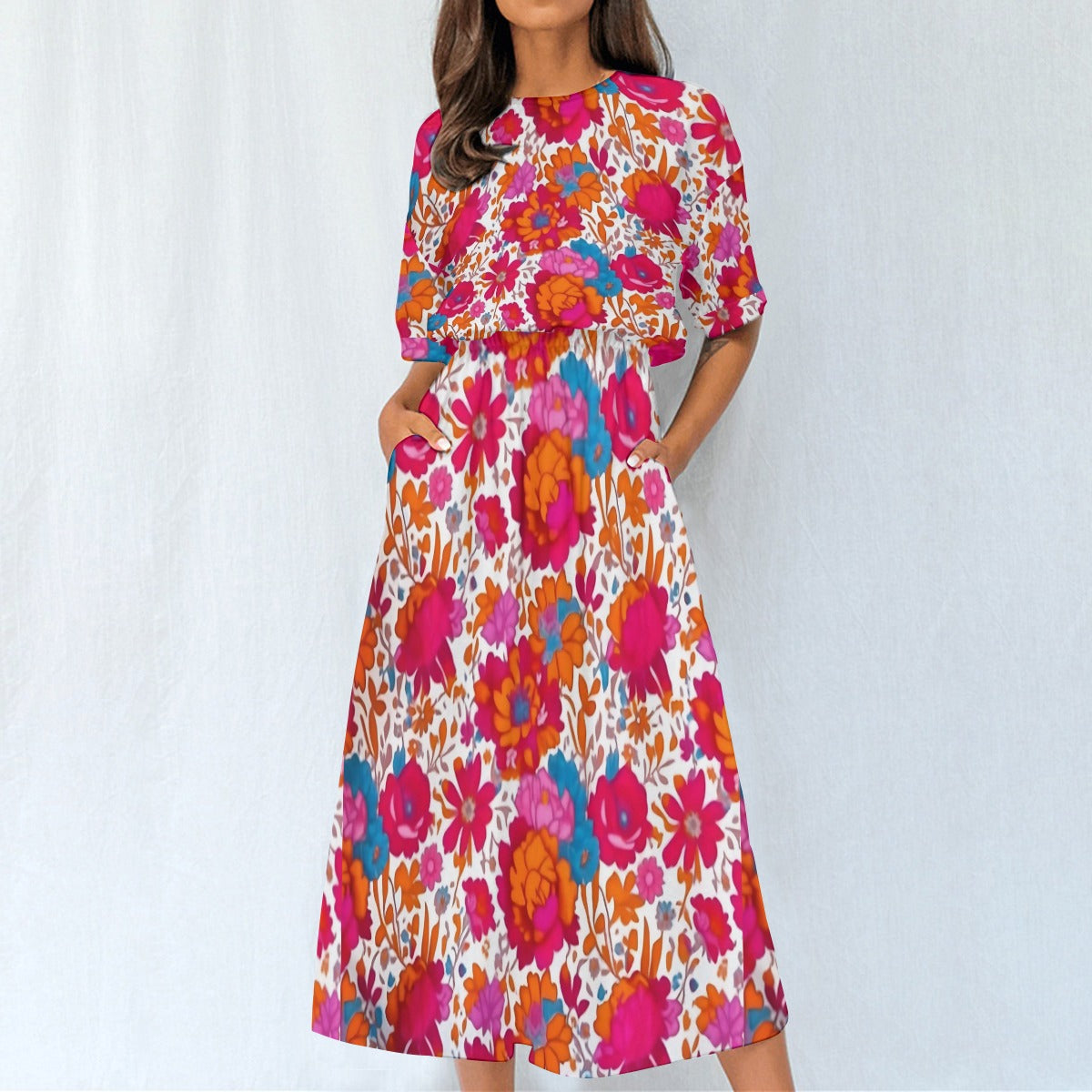 Vibrant Floral Elastic Waist Midi Dress