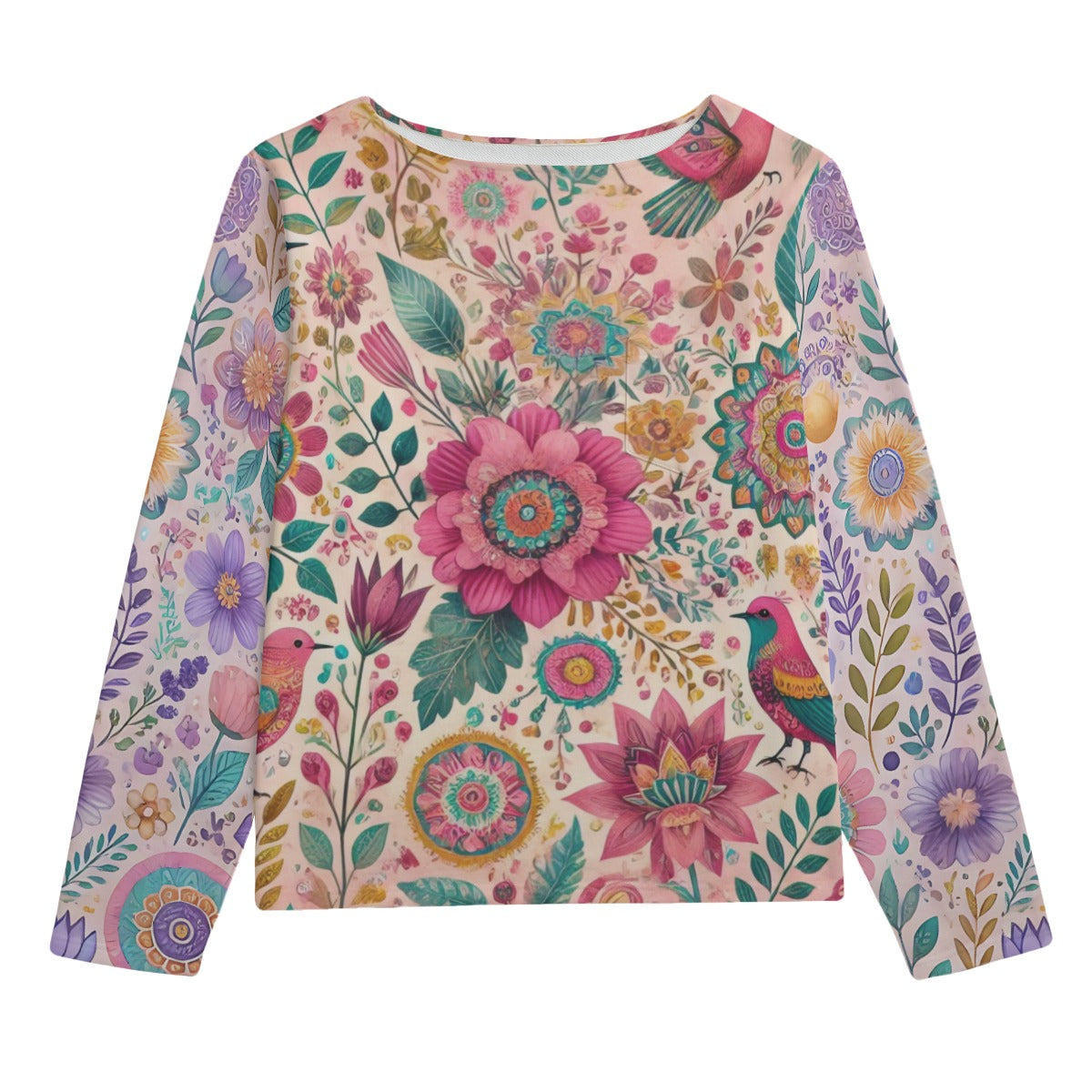 Boho Unisex Boat Neck Sweatshirt – Floral Print, 100% Cotton