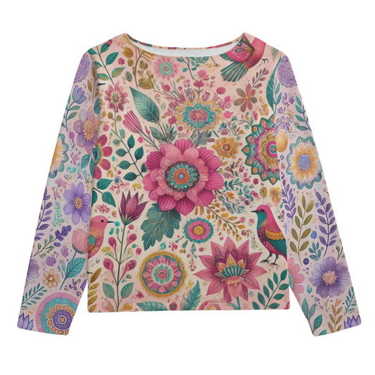 Boho Unisex Boat Neck Sweatshirt – Floral Print, 100% Cotton