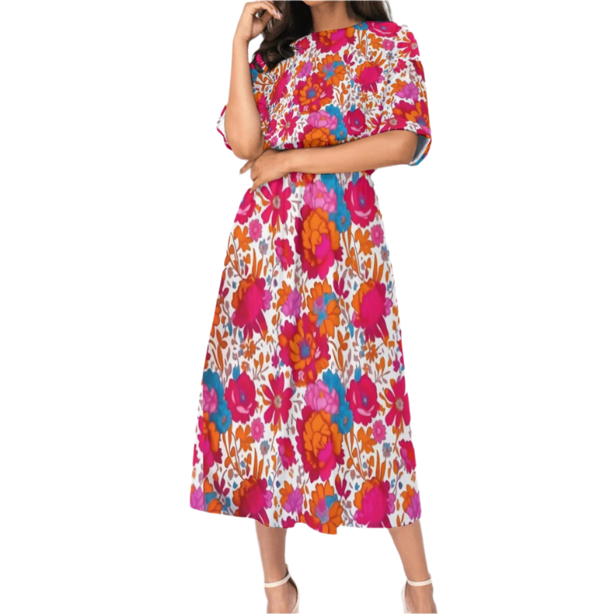 Vibrant Floral Elastic Waist Midi Dress