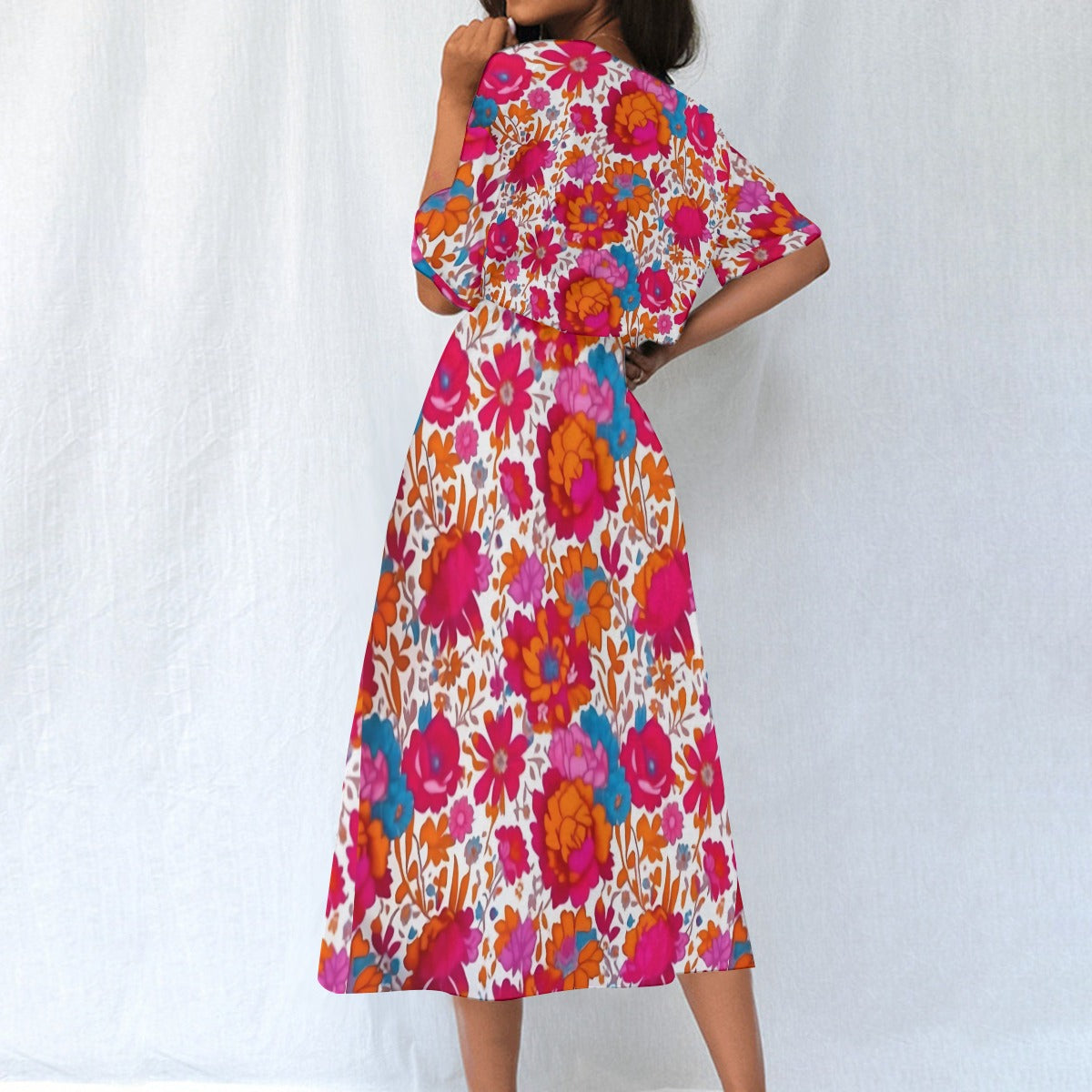 Vibrant Floral Elastic Waist Midi Dress