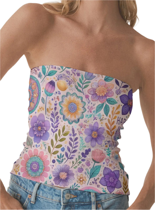 LiveBohoHappy Purple Floral Double-Layer Strapless Top