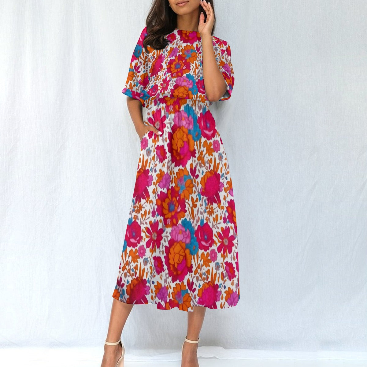 Vibrant Floral Elastic Waist Midi Dress